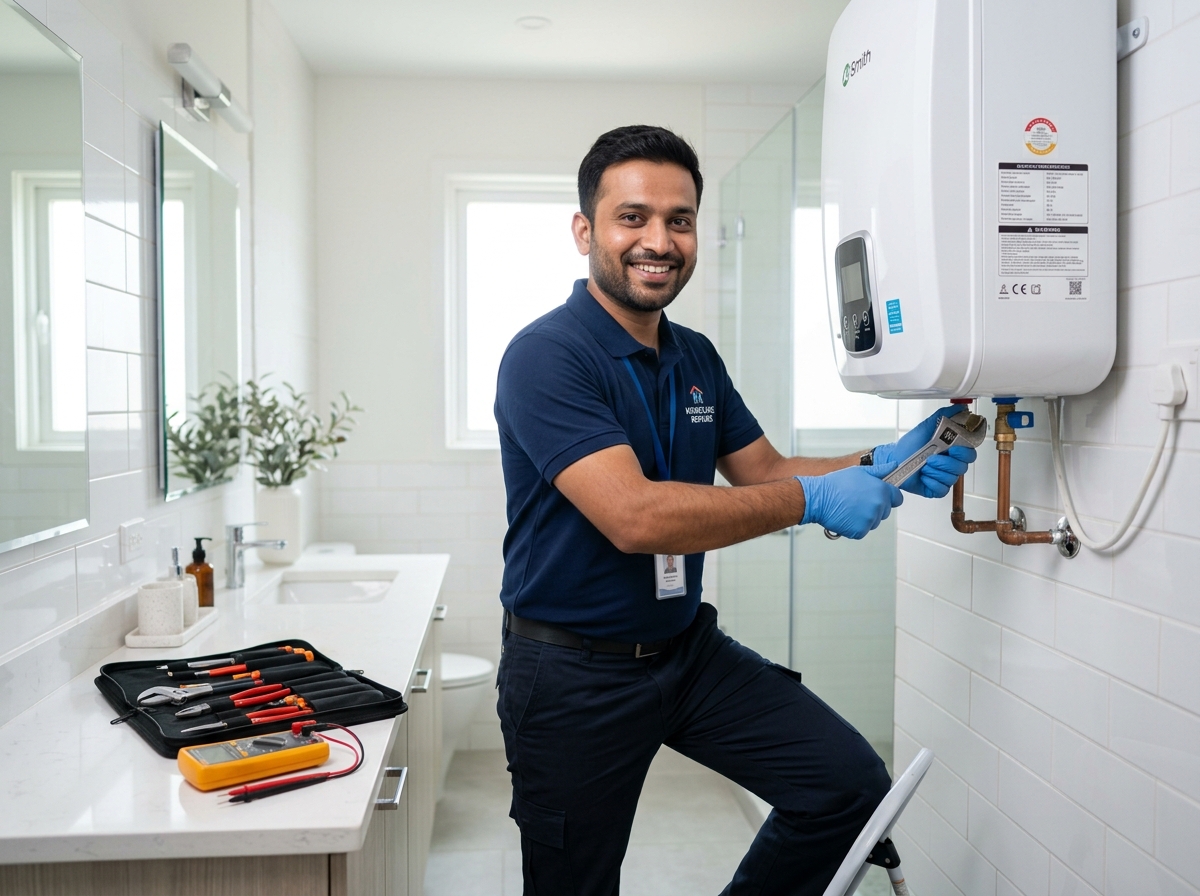 Doorstep geyser service technician inspecting a water heater in Hyderabad